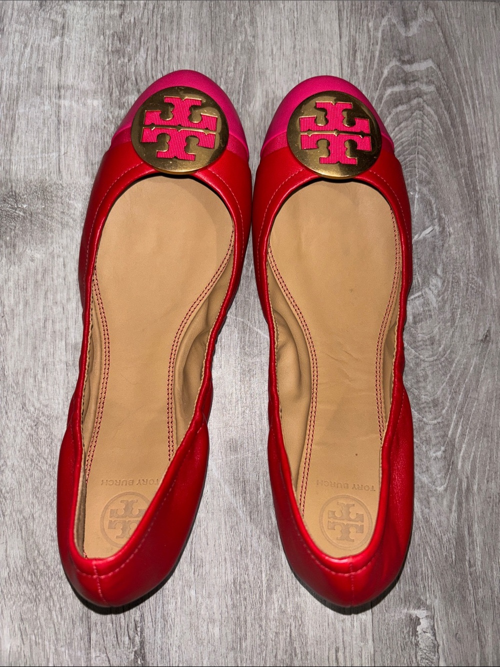 Tory Burch Red and Hot Pink Leather Logo Ballet Flats
